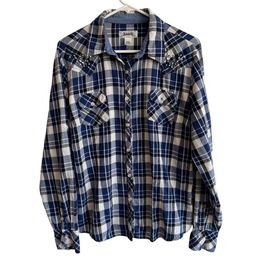Adiktd Embellished Plaid Western Shirt, Size XL